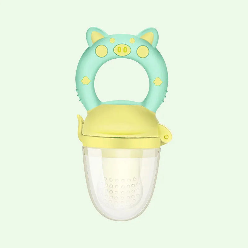 Silicone baby teether chew toy in blue, green, or pink colours with textured mouthpiece design