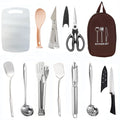 Portable picnic kitchenware storage bag containing 12-piece stainless steel cutlery set
