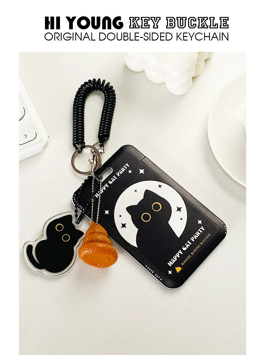 Plastic card sleeve holder with cute black cat cartoon design and ferrule pendant