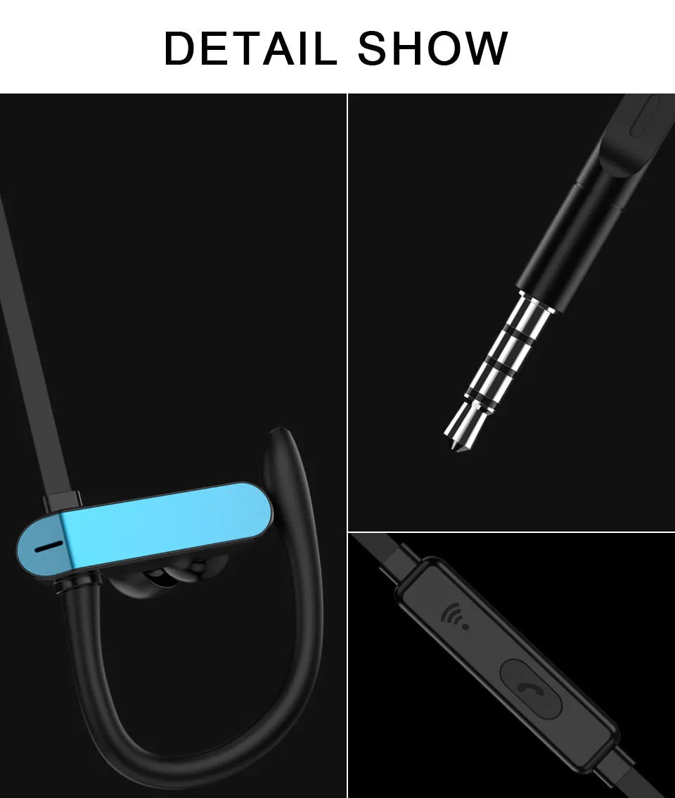 PTM TS27 sport earbuds with black and blue flexible ear hooks and silicone tips for running and gym