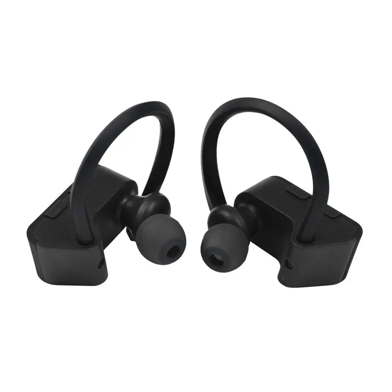 Black Bluetooth earphones with ergonomic design showing LED indicators and control buttons
