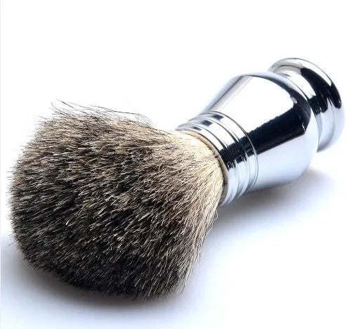CSB men's shaving set with chrome safety razor, badger hair brush on stand, zinc bowl, and blades in black box.