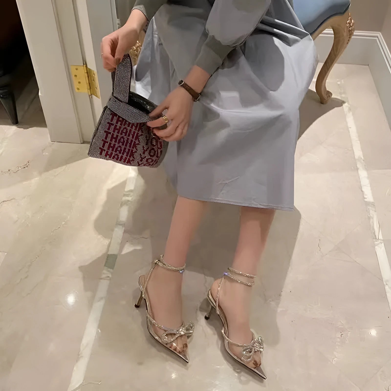 French style women's stiletto heel sandals with a silk bandage back and buckle closure, in multiple colours.