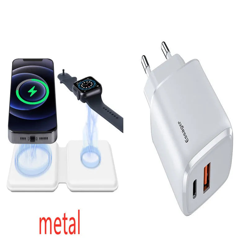 White foldable magnetic wireless charging dock showing dual charging surfaces and Type-C port