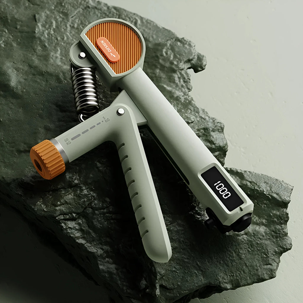Adjustable ABS plastic spring hand grip in ivory white, green, or black colours.
