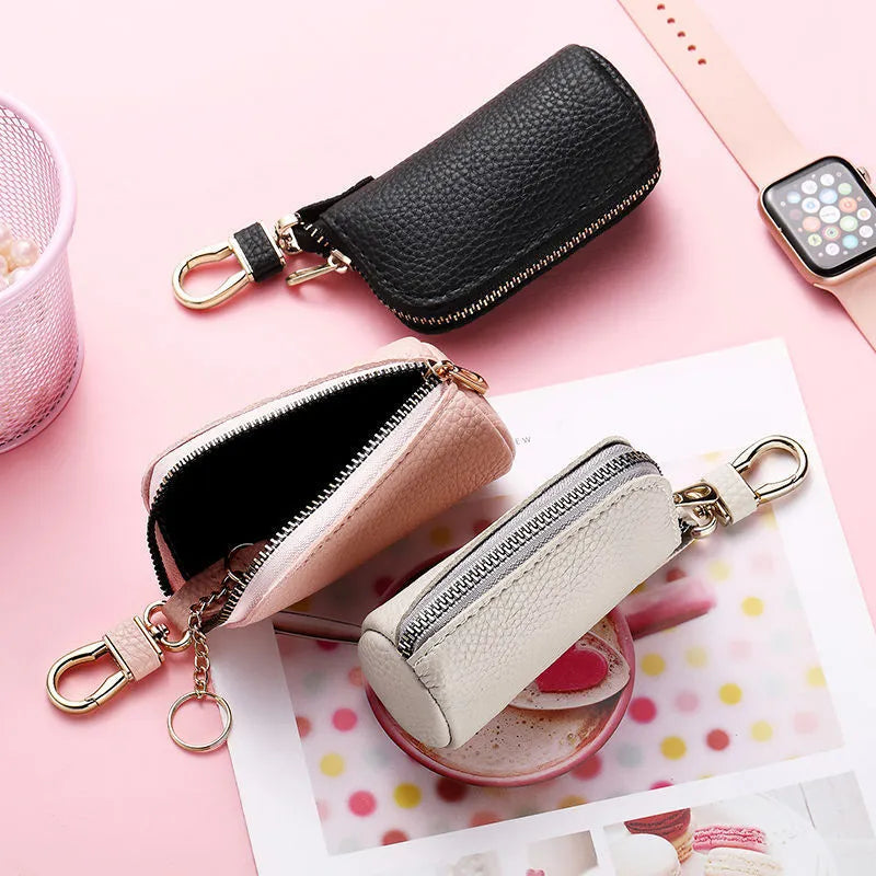 Waterproof pu leather key case in black, grey, and pink macaron colours with urban simplicity style