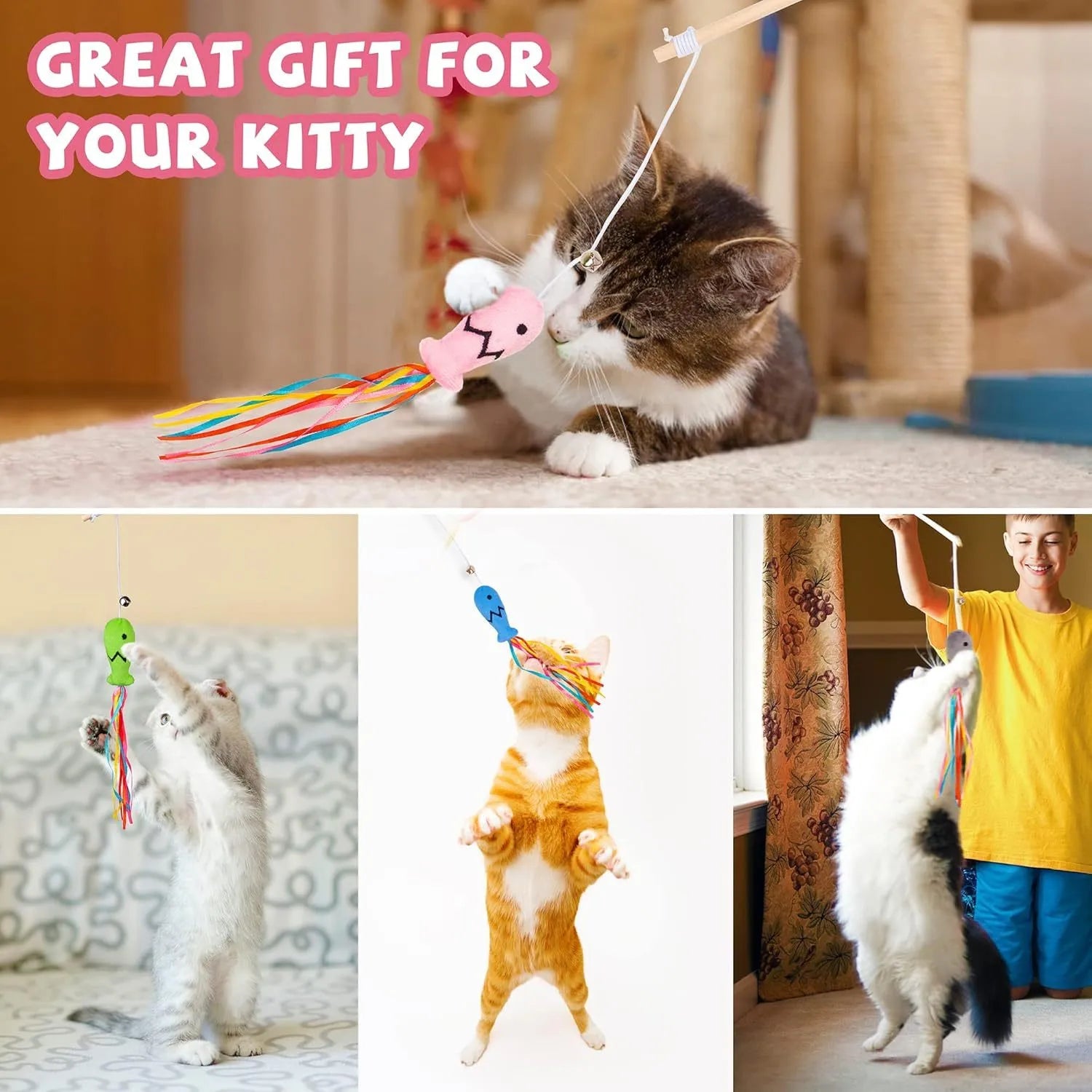 Cat wand toy with wooden handle, elastic rope, colourful ribbons, catnip fish, and bell attachment