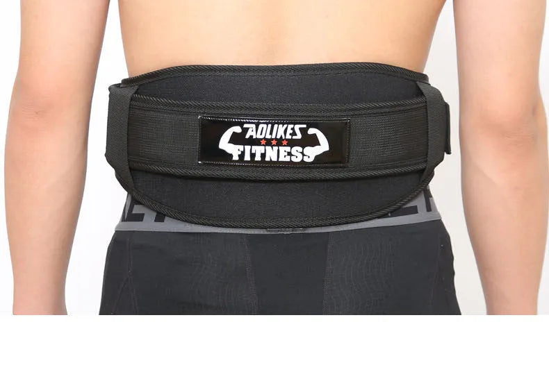 Nylon fitness weightlifting waistband for adults in black, red, or yellow on a gym background.