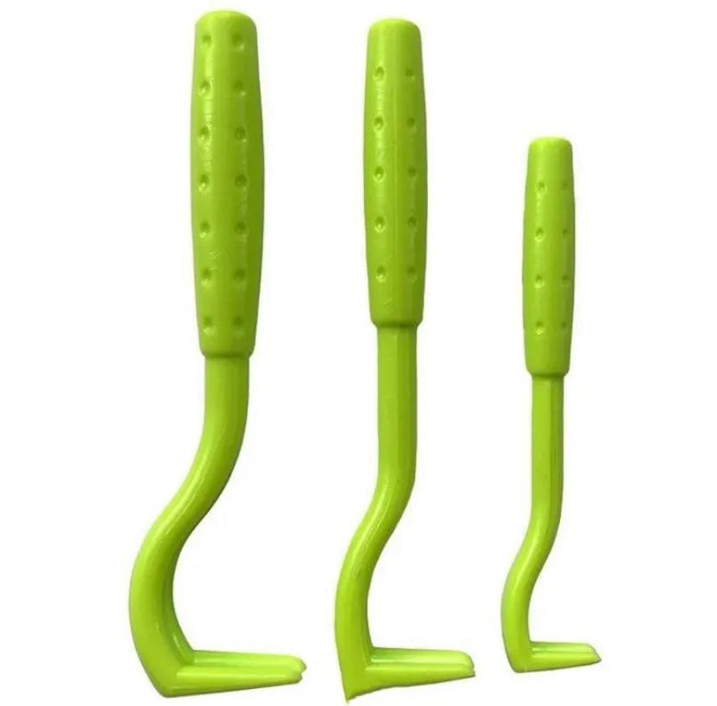 Three plastic tick removal clips for pets in blue and green on a white background.