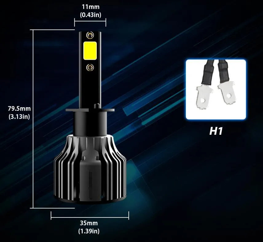 Car LED headlight bulb kit showing 6000K white light, compact design, and adjustable chuck for H7, H11, 9005 fitments.