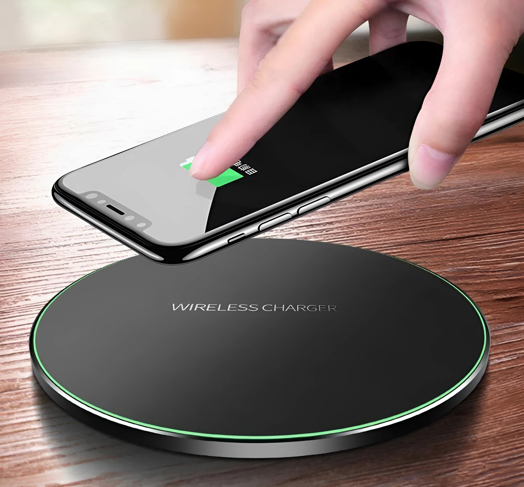 Ultra-thin black square wireless charger with fast 9V QI charging capability