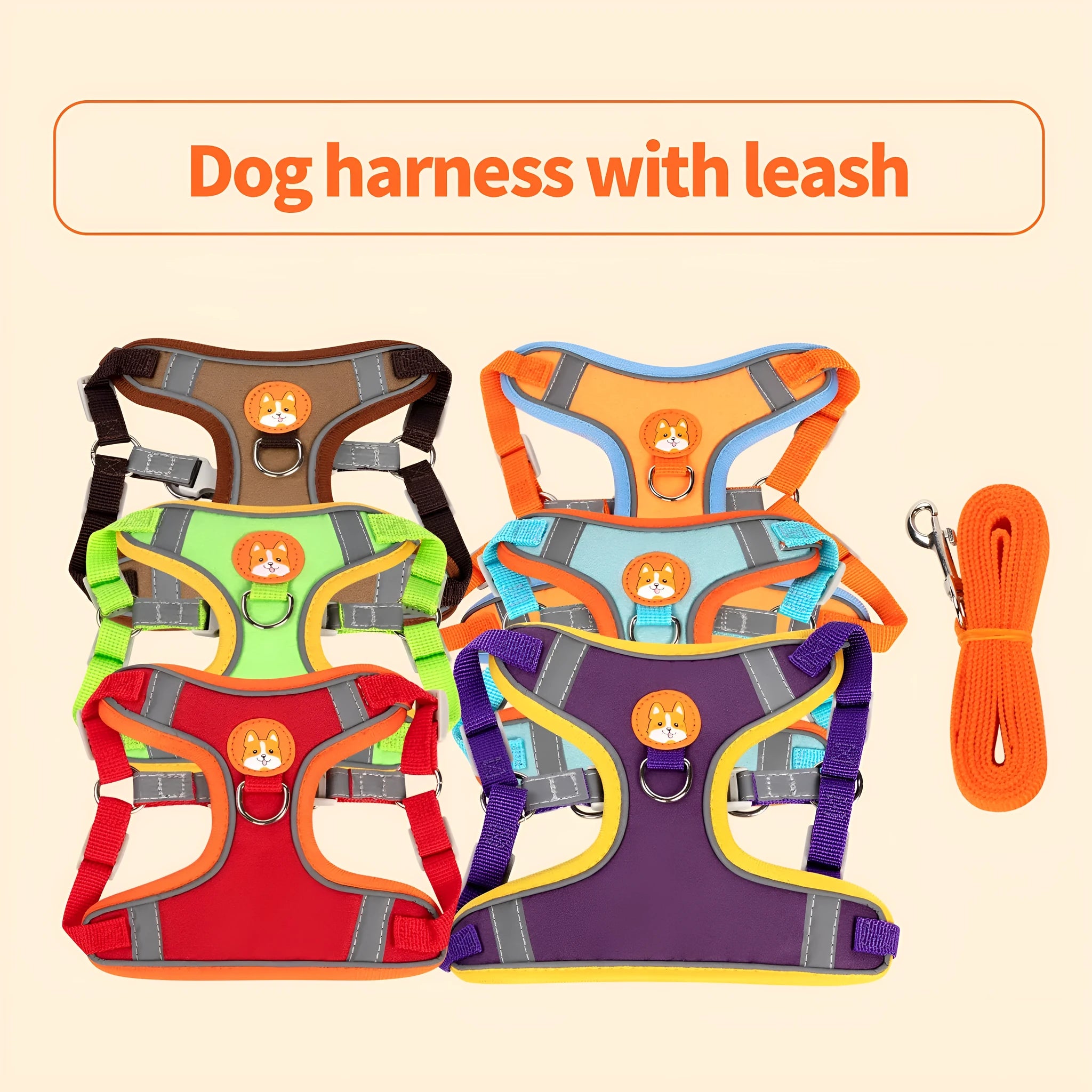 Adjustable dog harness with haulage rope in a selected colour, showing the chest strap design.