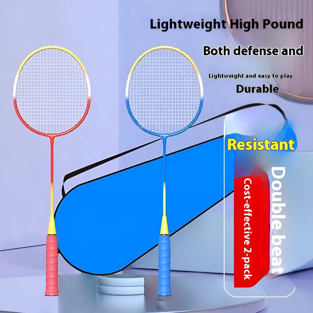 A pair of blue and red ultra-light alloy badminton rackets with steel shafts laid side by side.