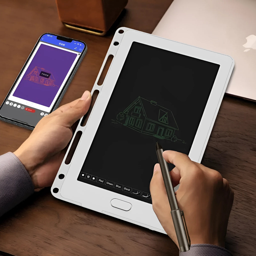 85-inch electronic writing pad with stitching design, smart pen, and USB charger on a table.