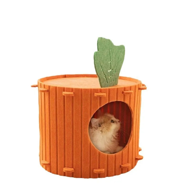 Carrot-shaped cat tunnel in polyester felt with semi-enclosed design and entry holes