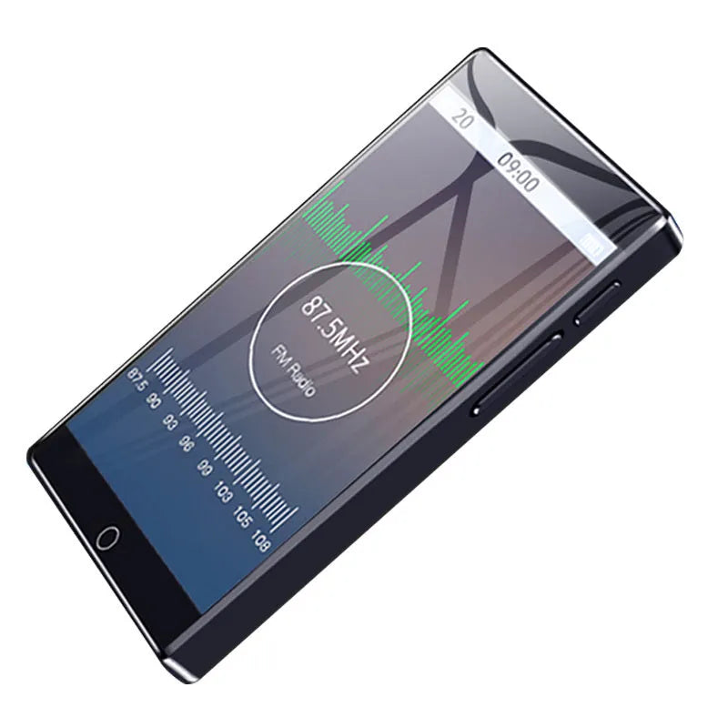 Black Ruizu H1 slim MP3 MP4 player with 4-inch touch screen showing media interface