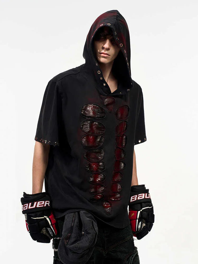 Black mens hooded t-shirt with sequin decoration and short sleeves
