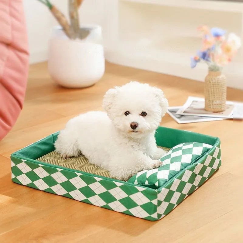 Blue rattan woven cat bed mat shown in a large size, placed on a wooden floor.