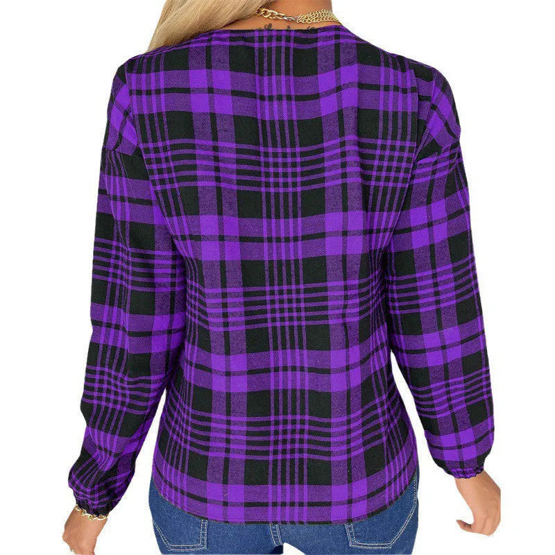 Women's loose plaid casual shirt in purple, gray, or red colours with creative pattern and regular sleeves