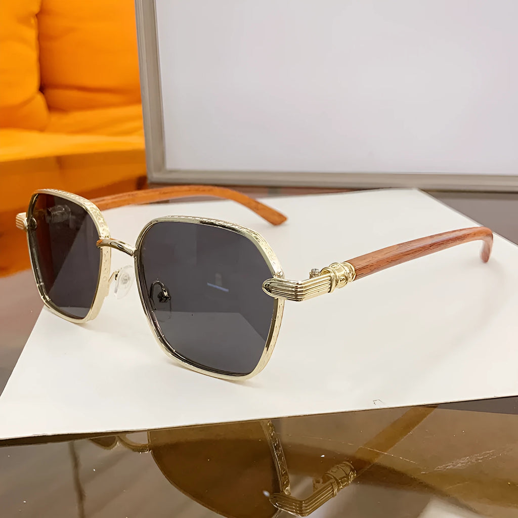 Women's frameless fashion glasses with wood grain pattern on gold alloy frame in double blue colour.