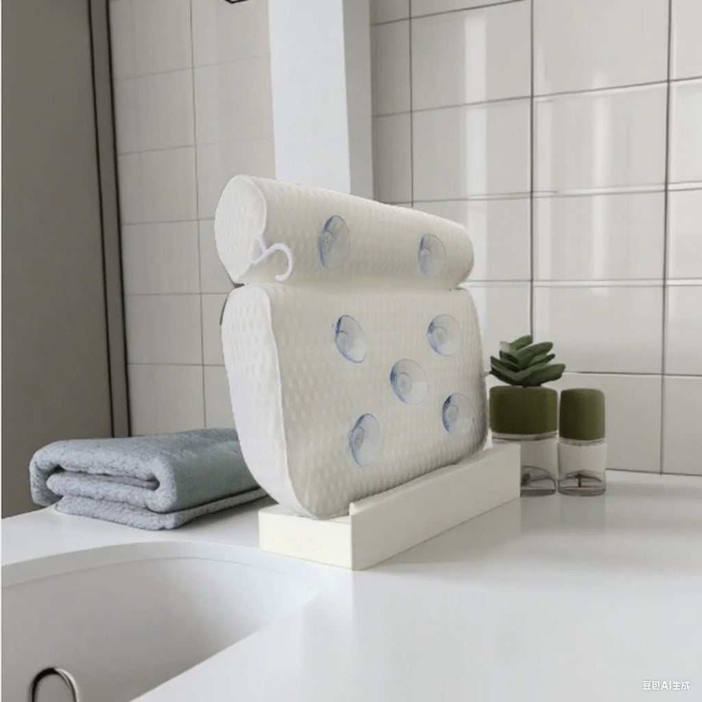 White bathtub pillow with 4D mesh fabric and 7 suction cups on a 3D material base.