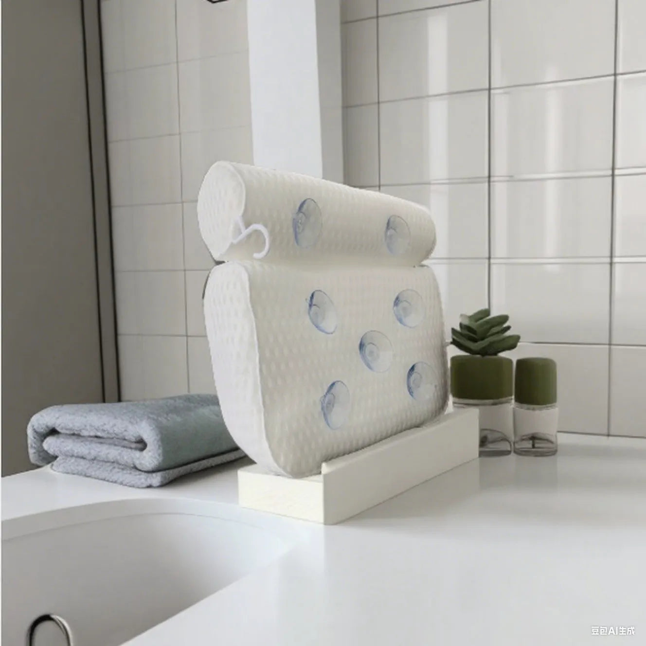 White bathtub pillow with 4D mesh fabric and 7 suction cups on a 3D material base.
