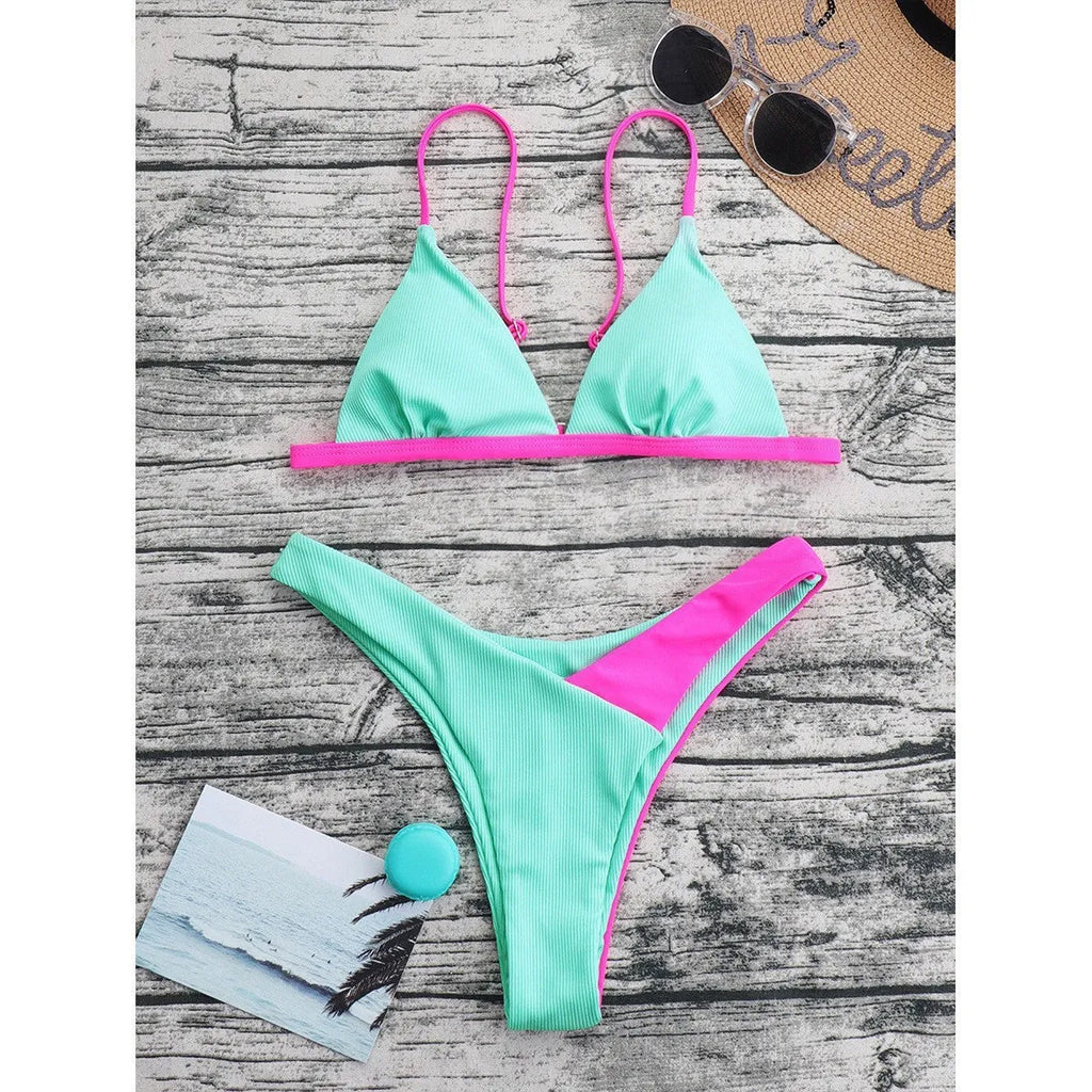 Women's two-piece nylon swimsuit set with bra and briefs in a patterned design