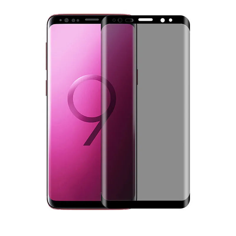 Full coverage tempered glass screen protector for Samsung Galaxy phones with anti-seeking surface.