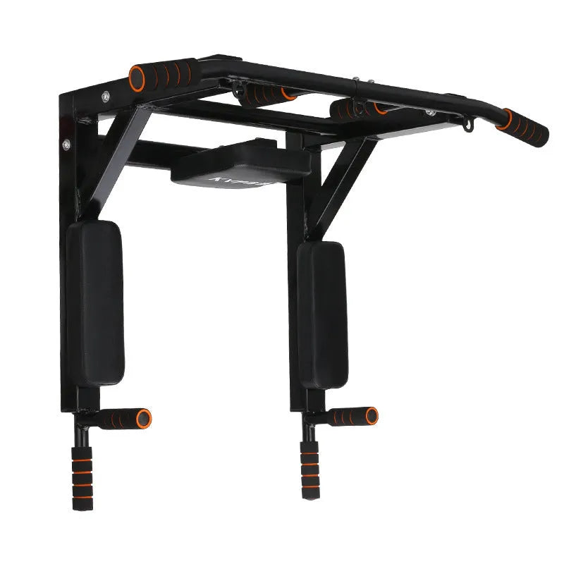 Black wall-mounted fitness equipment with integrated sandbag rack and parallel pull-up bars for indoor and outdoor strength training