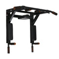 Black wall-mounted fitness equipment with integrated sandbag rack and parallel pull-up bars for indoor and outdoor strength training