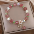 Women's double layer crystal bracelet with red cat's eye flowers and lucky cat charm in fairy style design