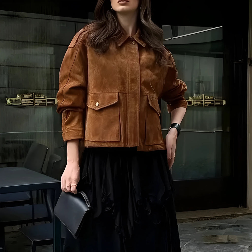 Women's street chic coat in suede-look polyester fabric showing regular sleeves and brown colour options