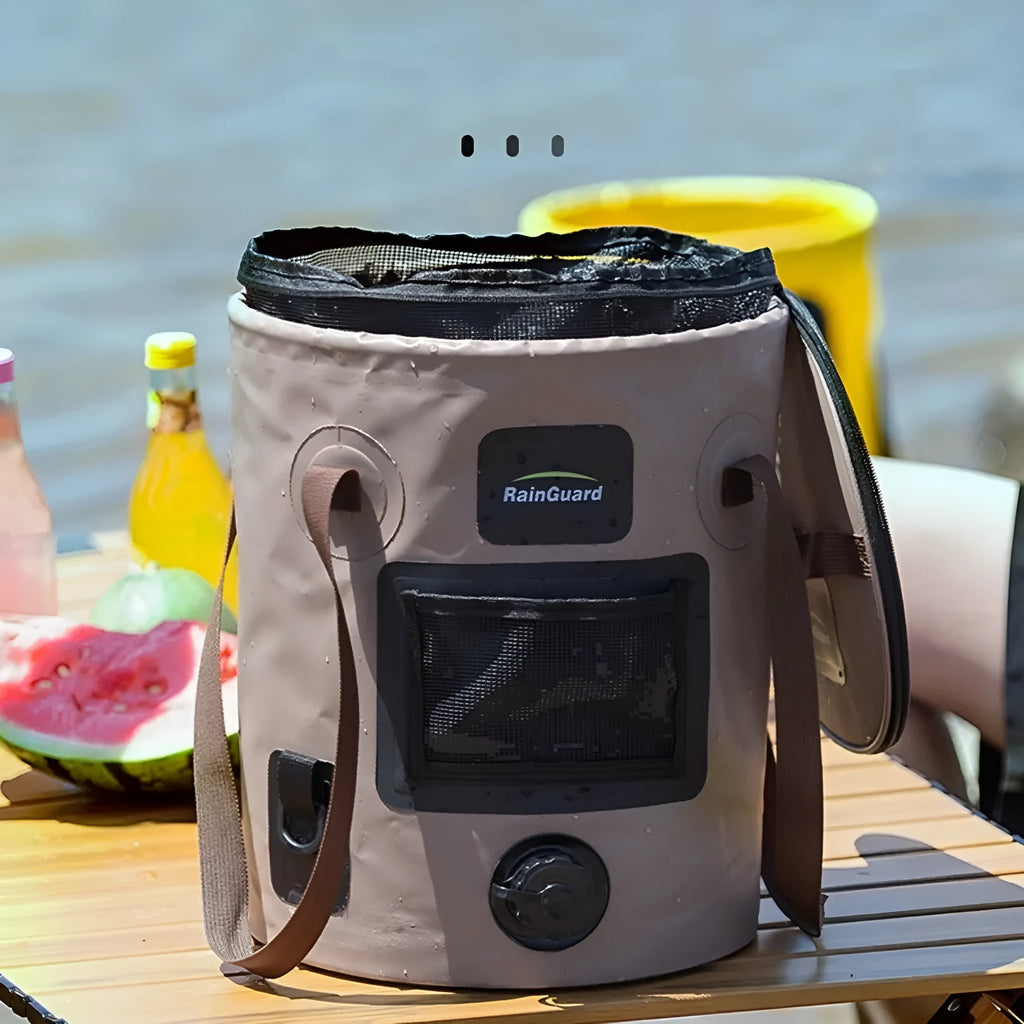 Lemon yellow collapsible plastic fishing bucket with 25-litre capacity shown next to folded version.