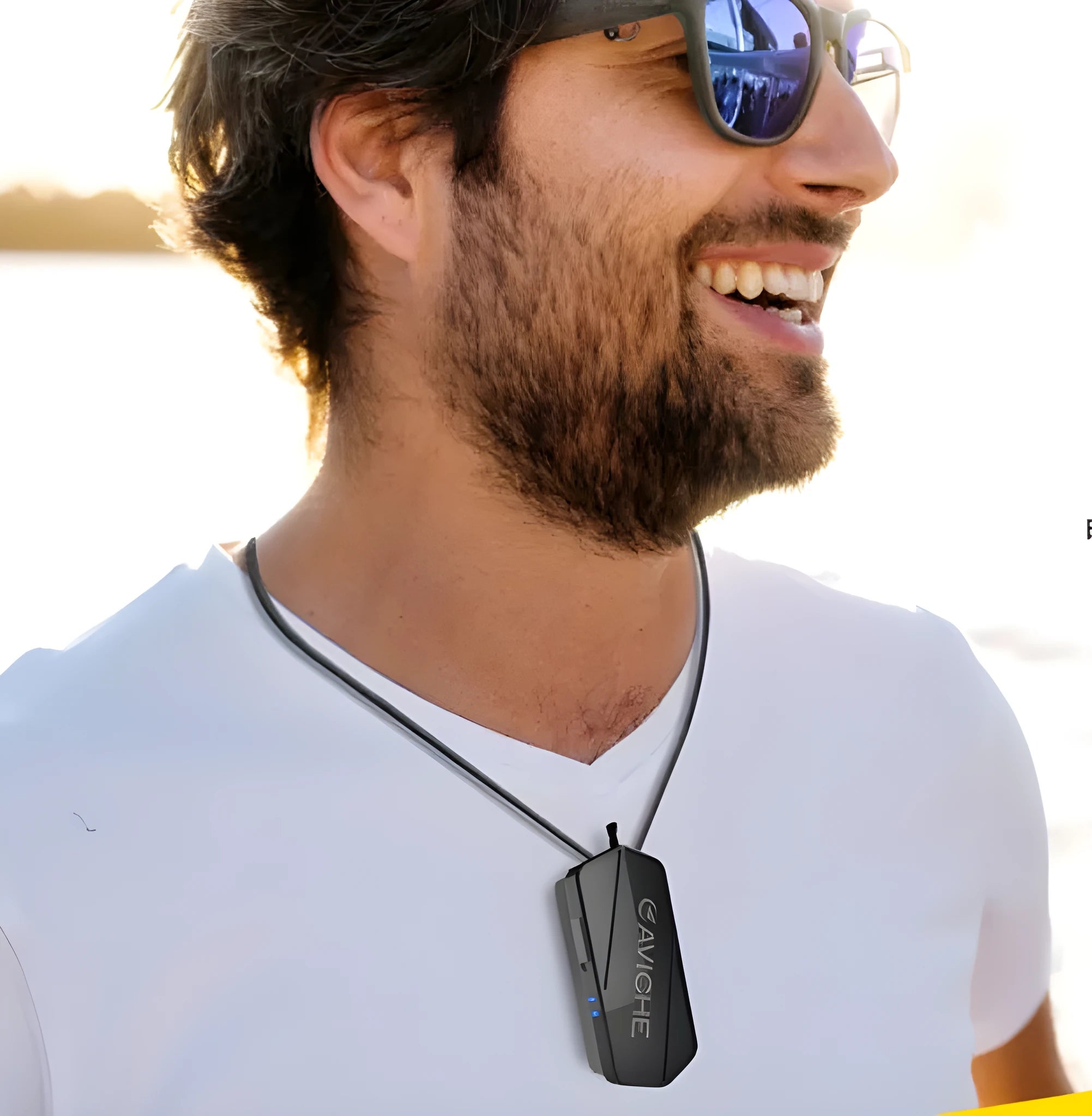 Black plastic air purifier necklace showing dimensions of 80mm height x 37mm width x 24mm depth