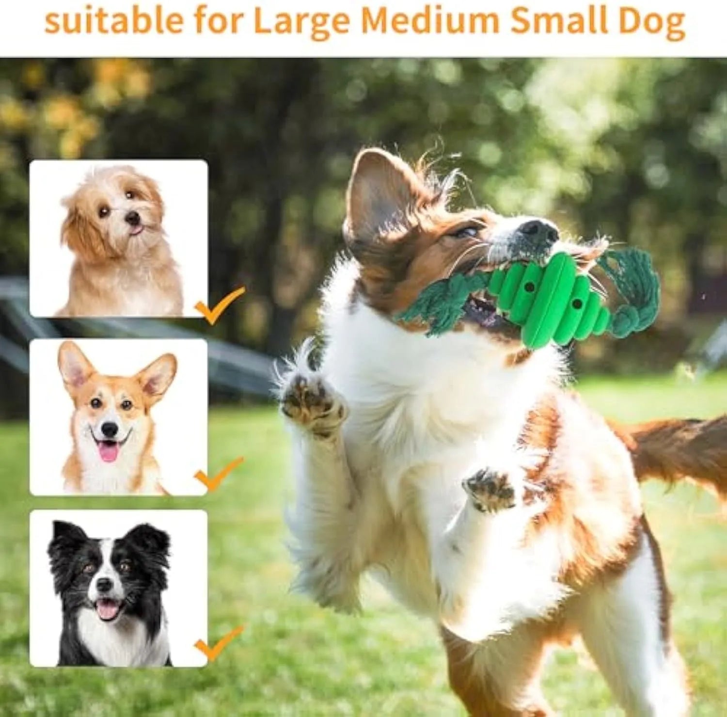 Green and yellow oval dog ball with knotted rope, a slow-leak food dispenser chew toy.