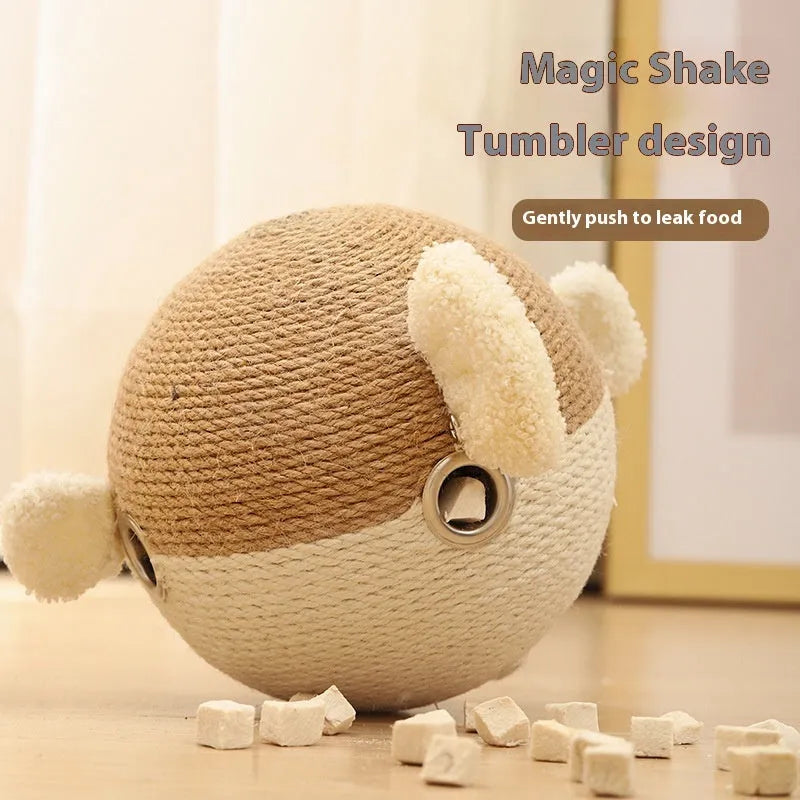Cube-shaped pet puzzle tumbler with sisal hemp construction and puffer leakage feeder design