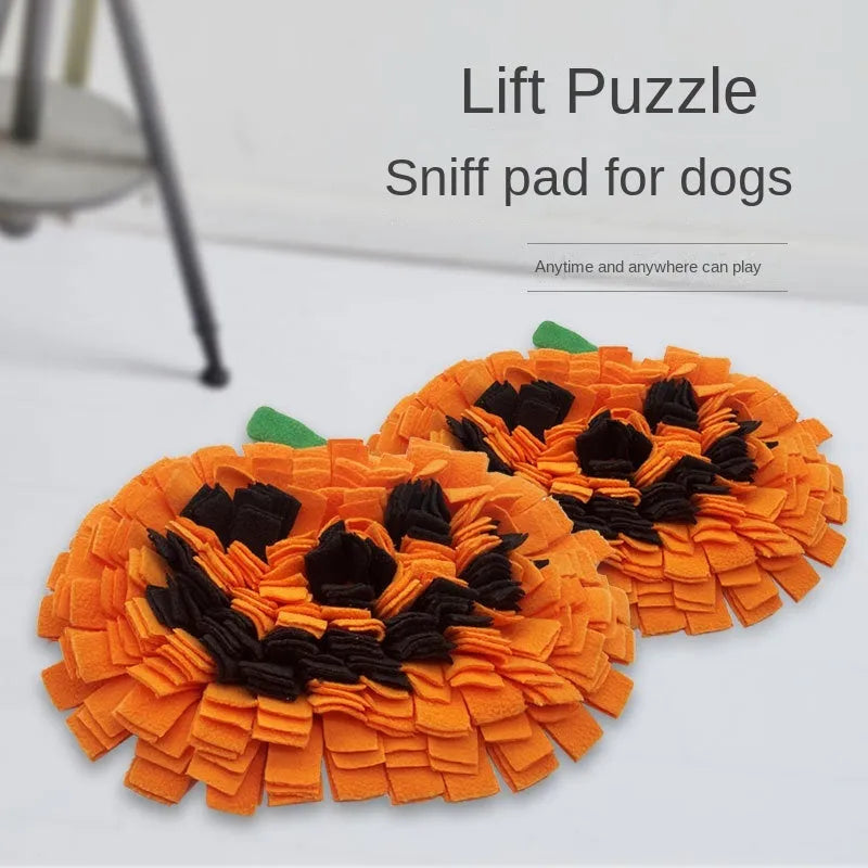Orange pumpkin design dog sniffing mat with fur texture for slow feeding and training