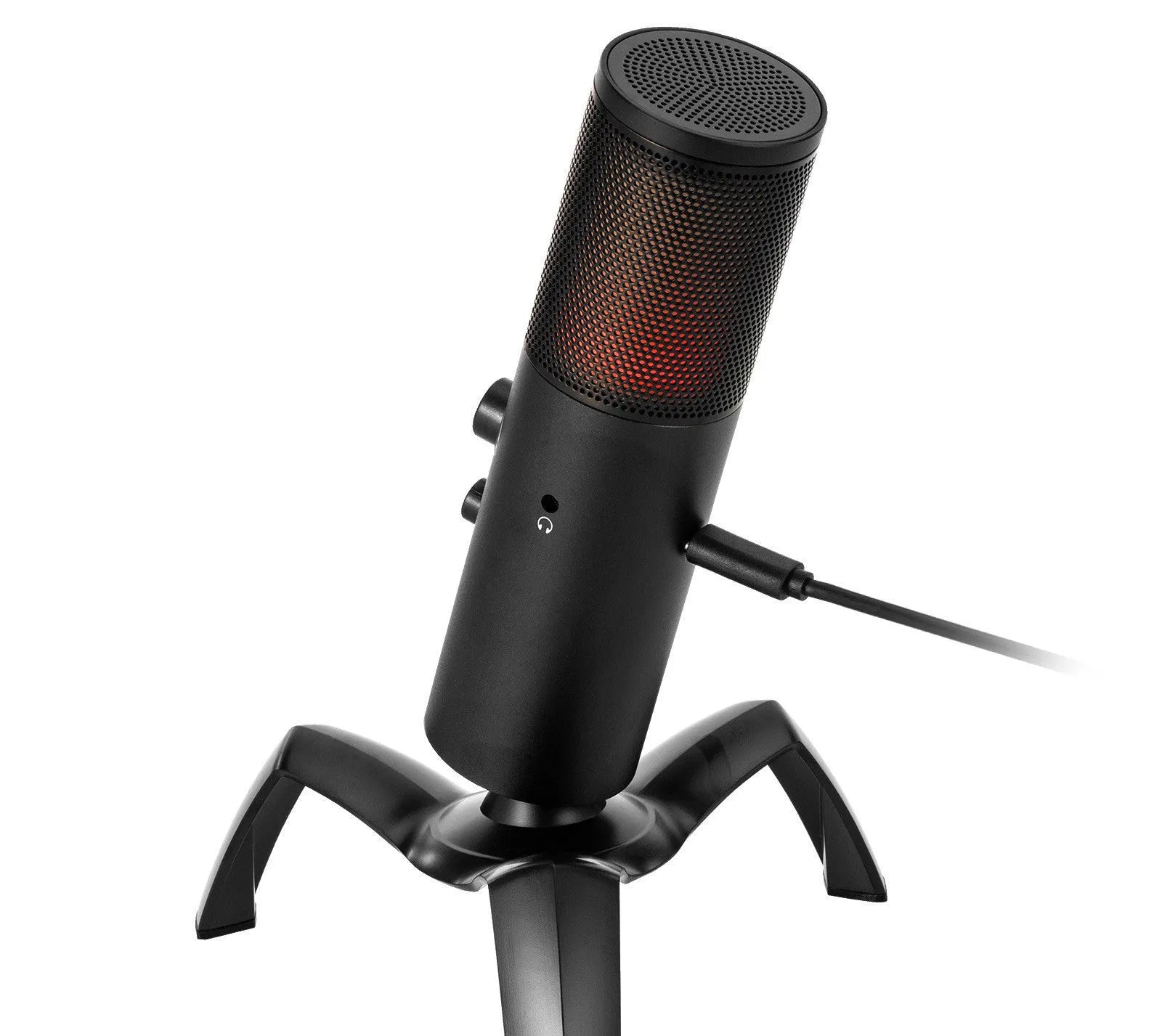 Black Q18 USB condenser microphone on a tripod stand with RGB lighting effects.