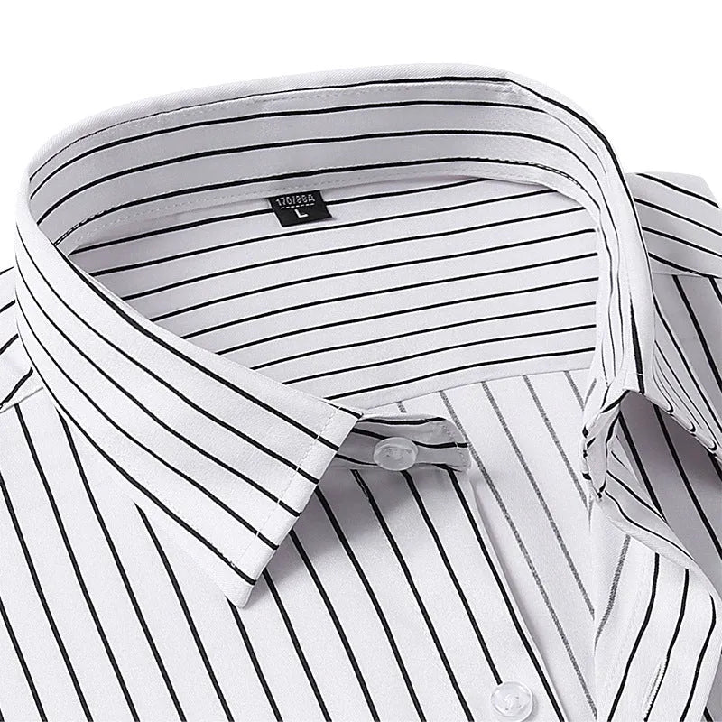 Men's slim fit striped long sleeve shirt in ice silk polyester blend for business wear.