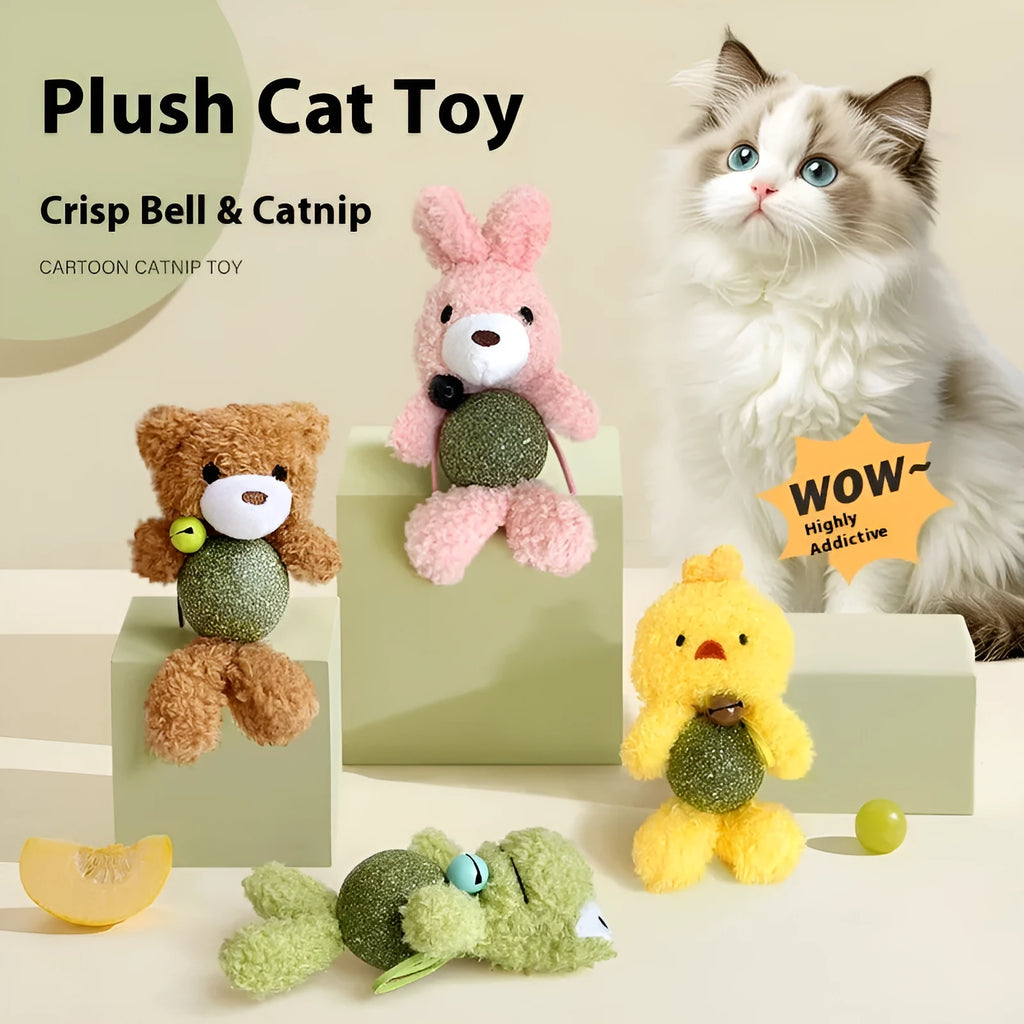 Plush catnip ball toy with bell, showing Brown Bear design next to a 4cm mint ball.