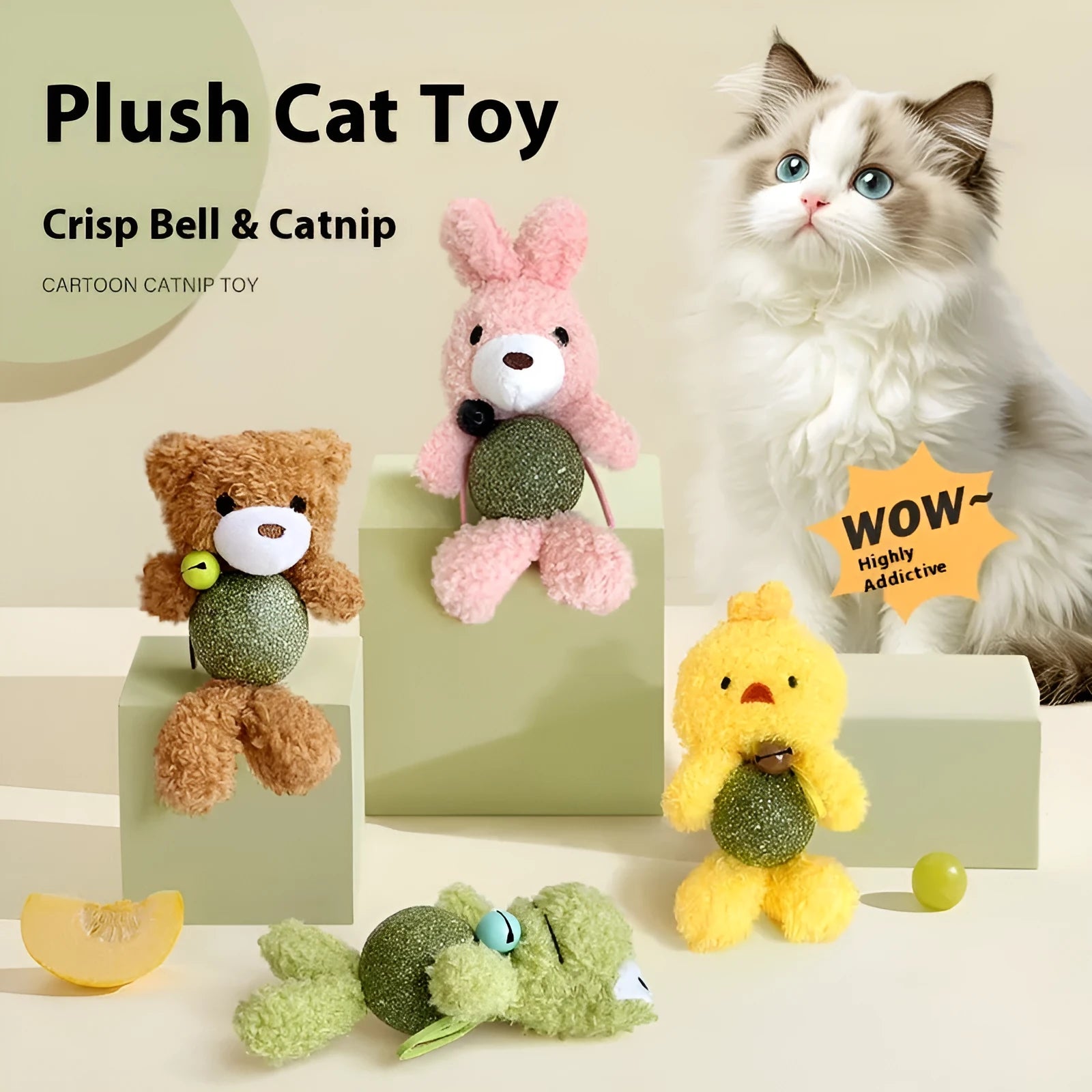 Plush catnip ball toy with bell, showing Brown Bear design next to a 4cm mint ball.