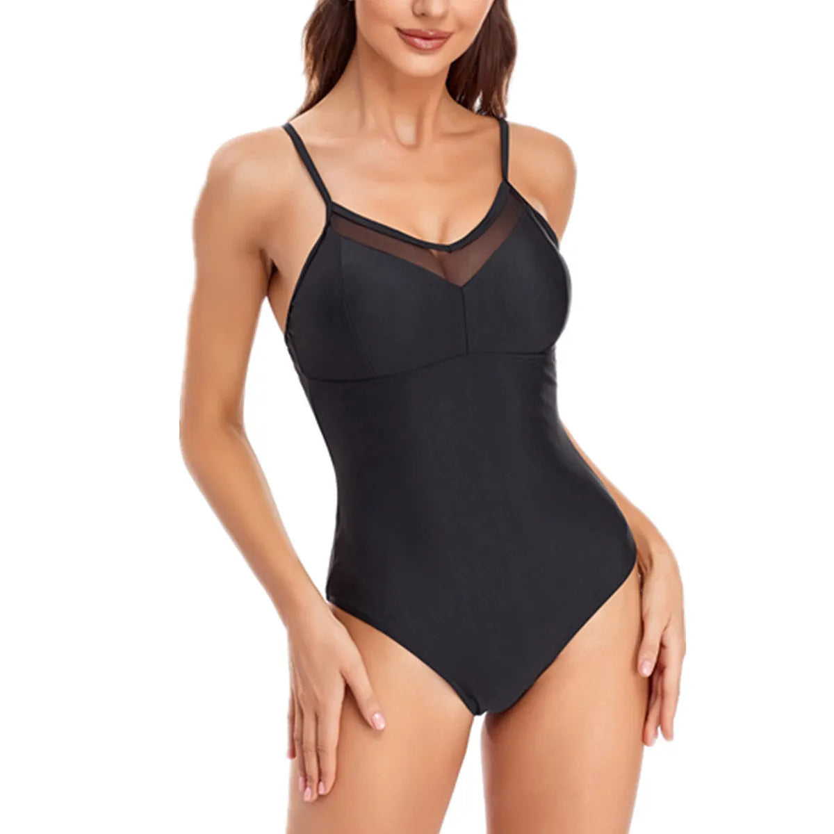 A black one-piece swimsuit with mesh panelling and a backless design on a mannequin.