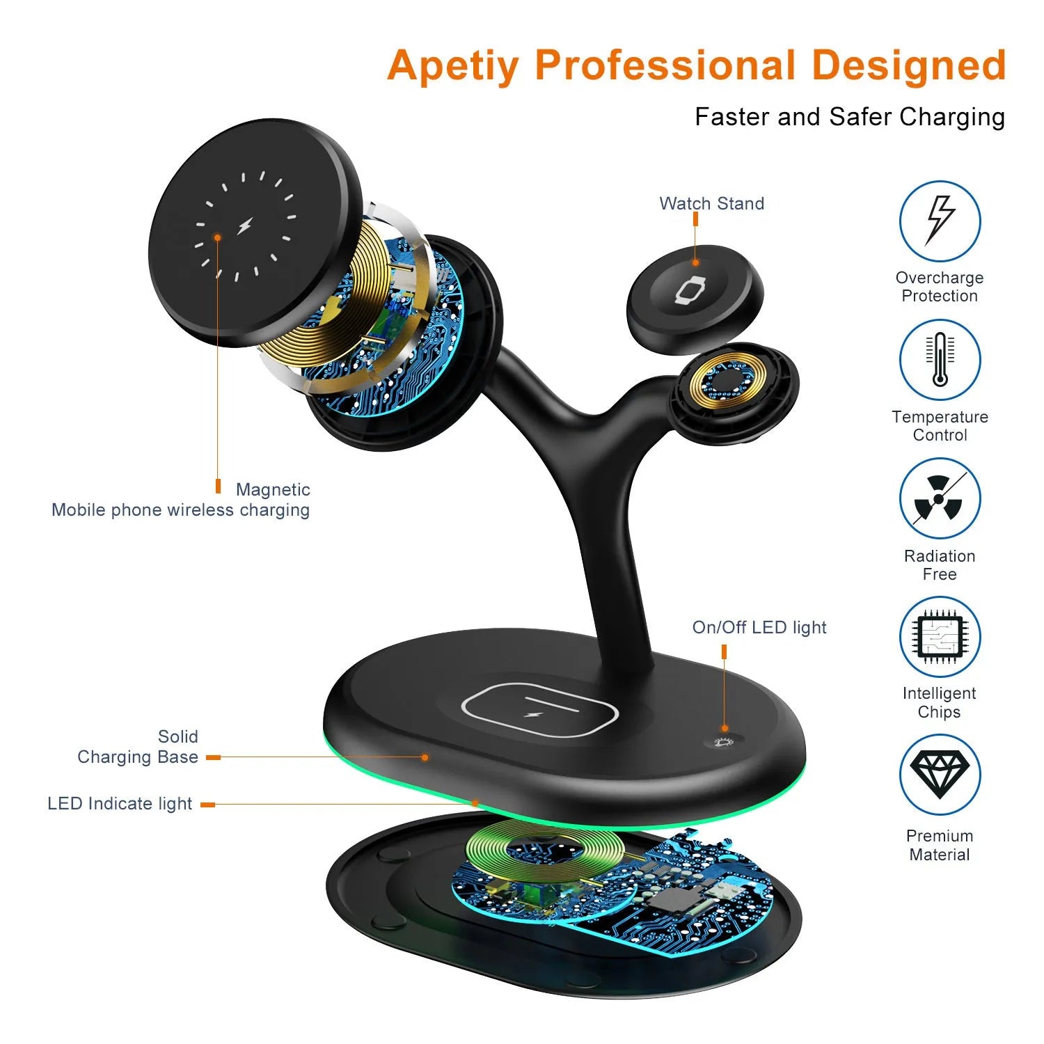 Black ABS plastic 3-in-1 magnetic wireless charging stand for phone, watch and earbuds.