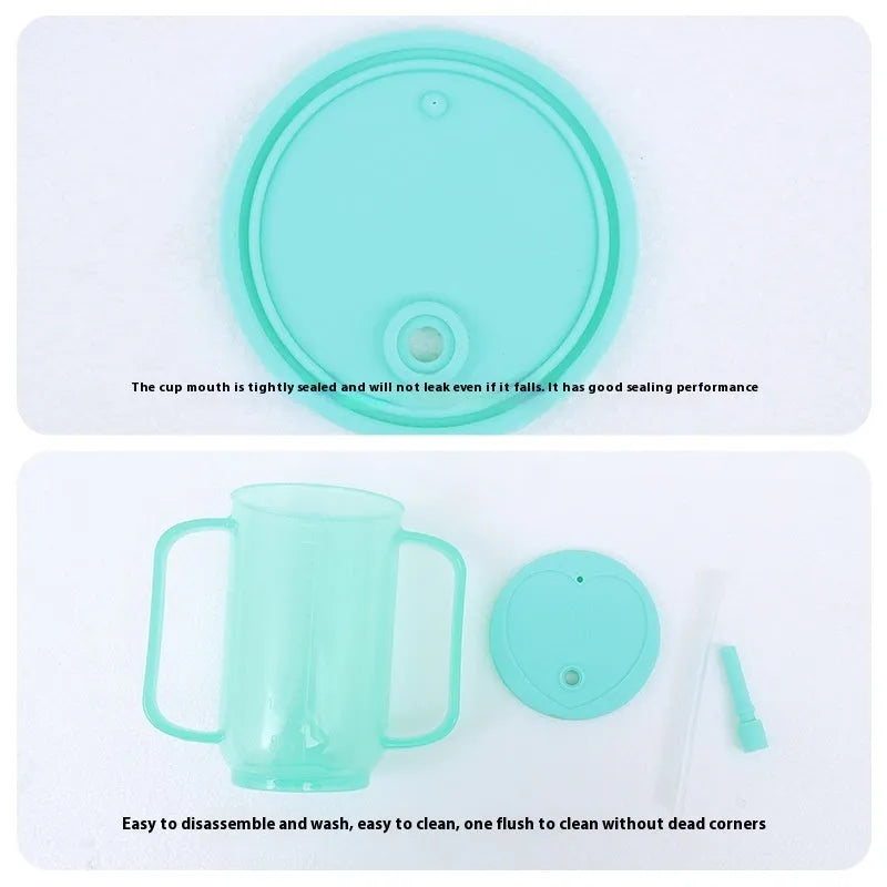 Bedside choke-proof drinking cup with slanted mouth and optional wrist strap for elderly and pregnant women