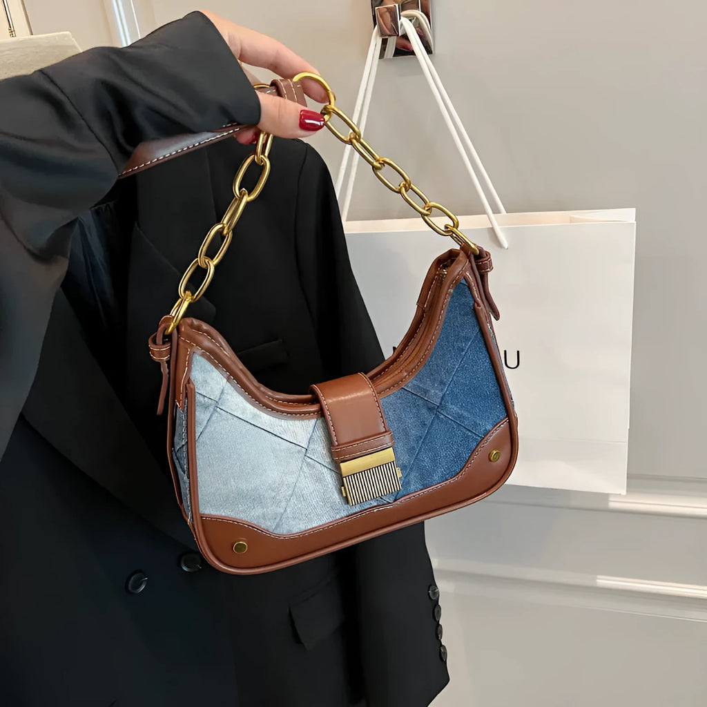 Women's brown denim bucket shoulder bag with diamond chain mesh and double strap
