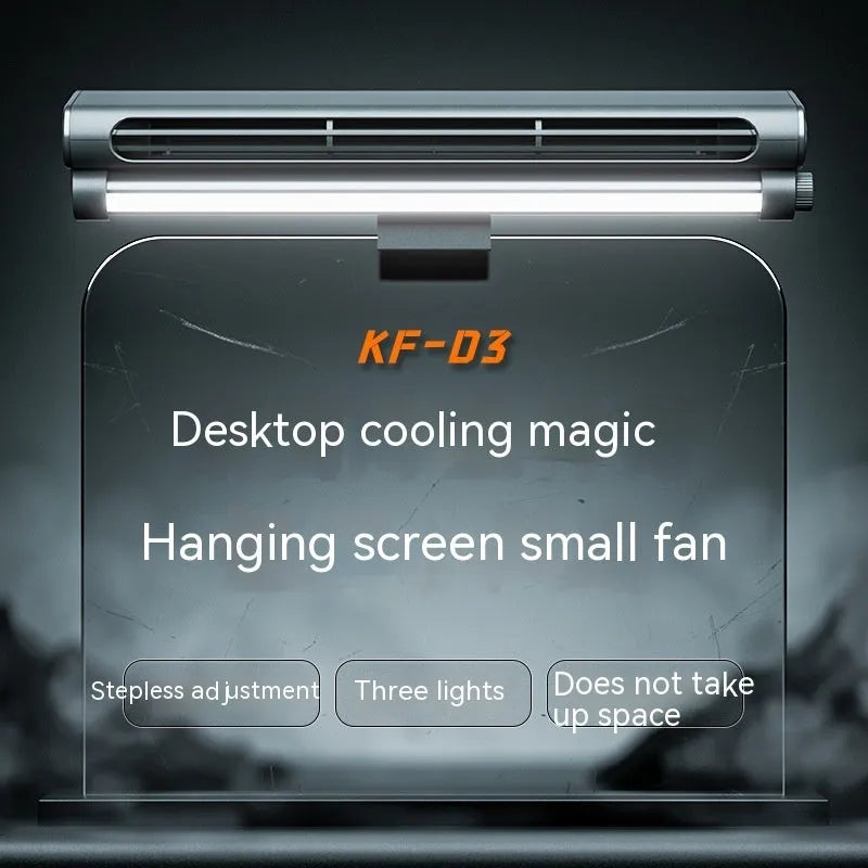 Black bladeless USB fan with clip attached to laptop screen showing lighting lamp function