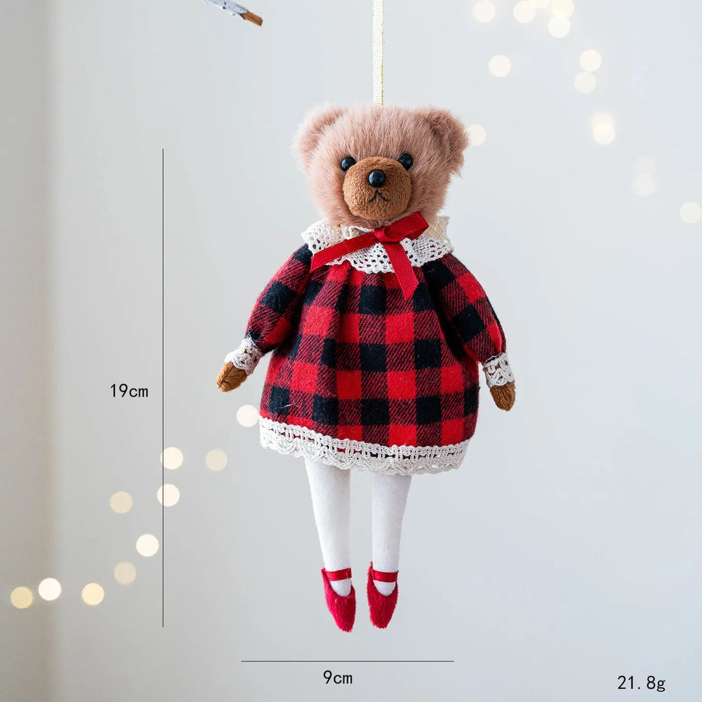 Couple plush bear dolls wearing cotton plaid outfits, princess bear and gentleman bear cartoon characters