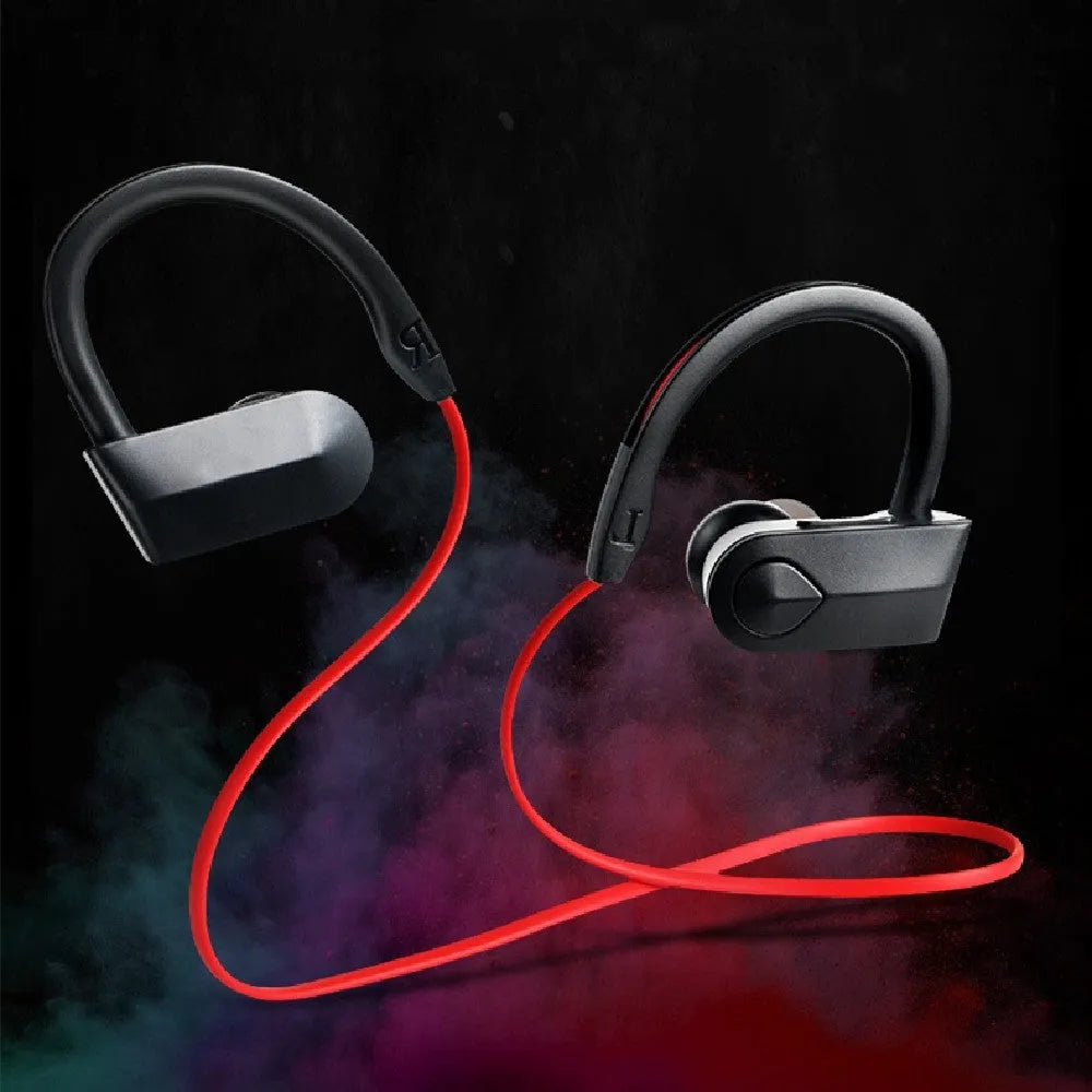 Black neck-mounted Bluetooth earphones with earbuds and USB charging cable