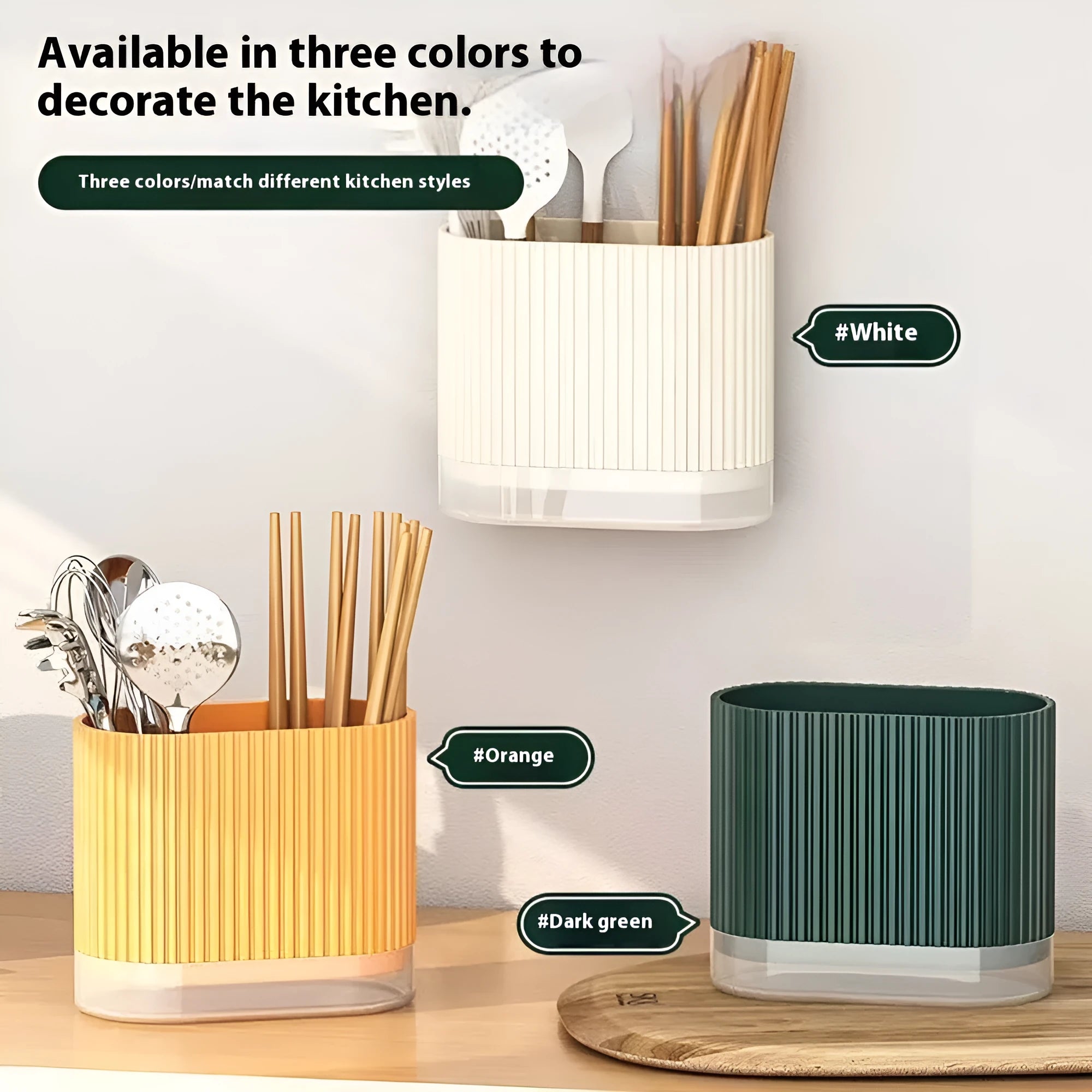 Plastic wall mounted chopstick basket with drainage tube design in beige colour