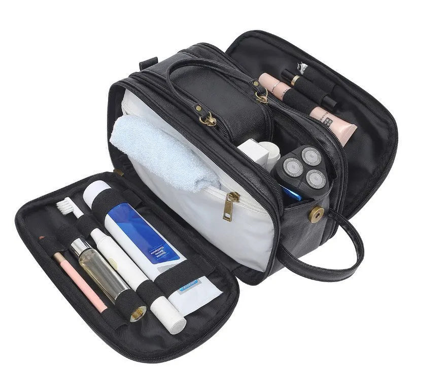 Men's black PU leather toiletry bag with zip, shown closed, dimensions 20cm by 10cm.